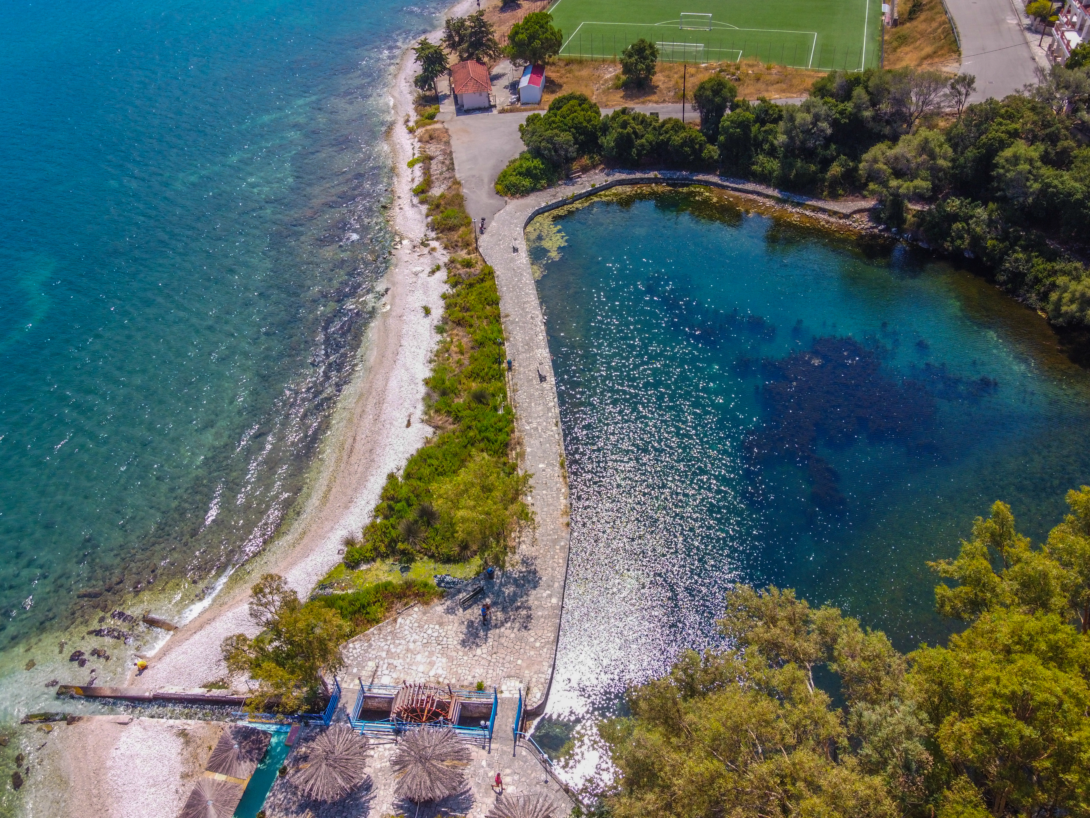 Panoramic view of Karavomilos Lake from above