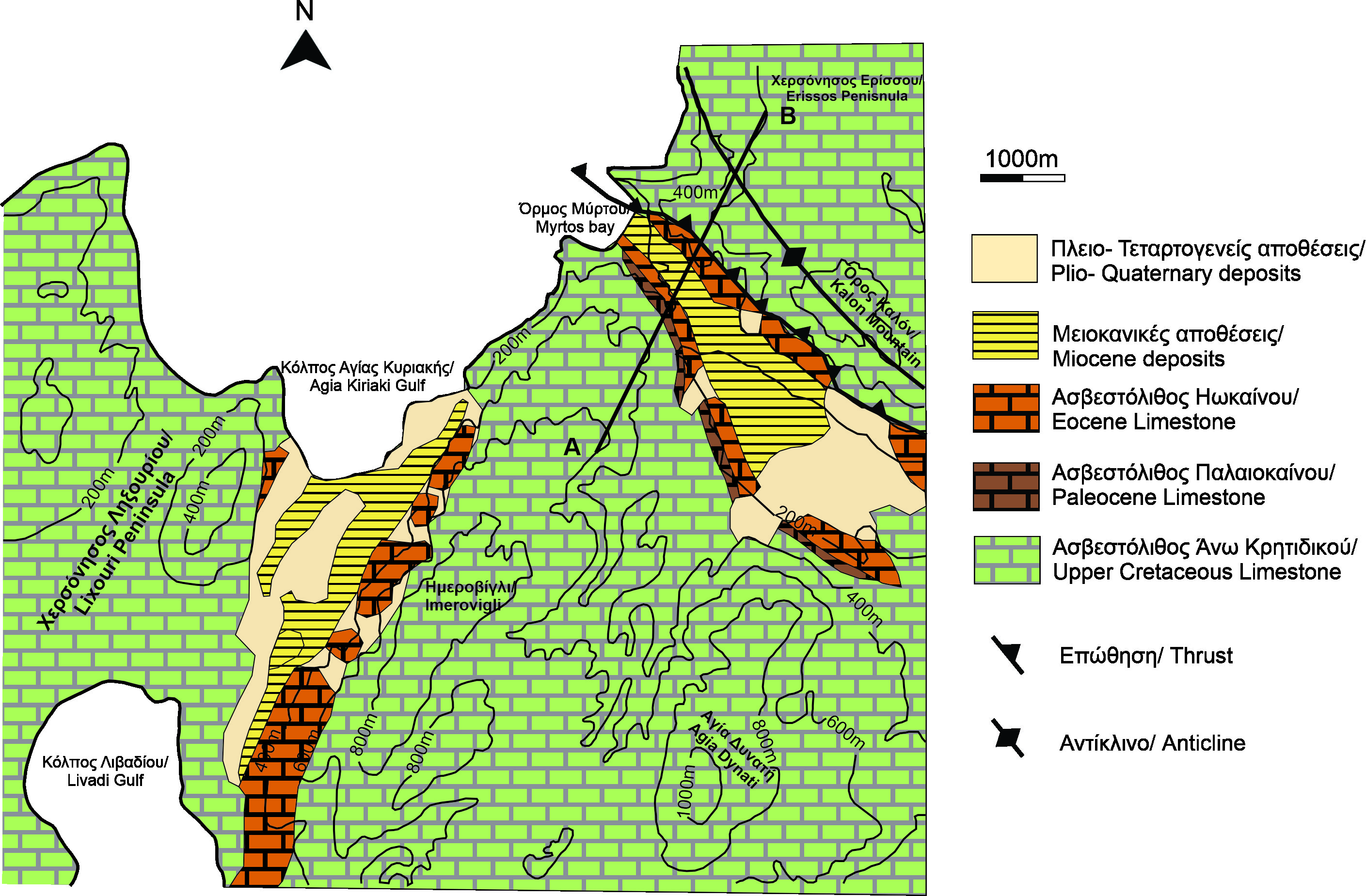 Simplified gGeological map of the wider area of Myrtos Bay